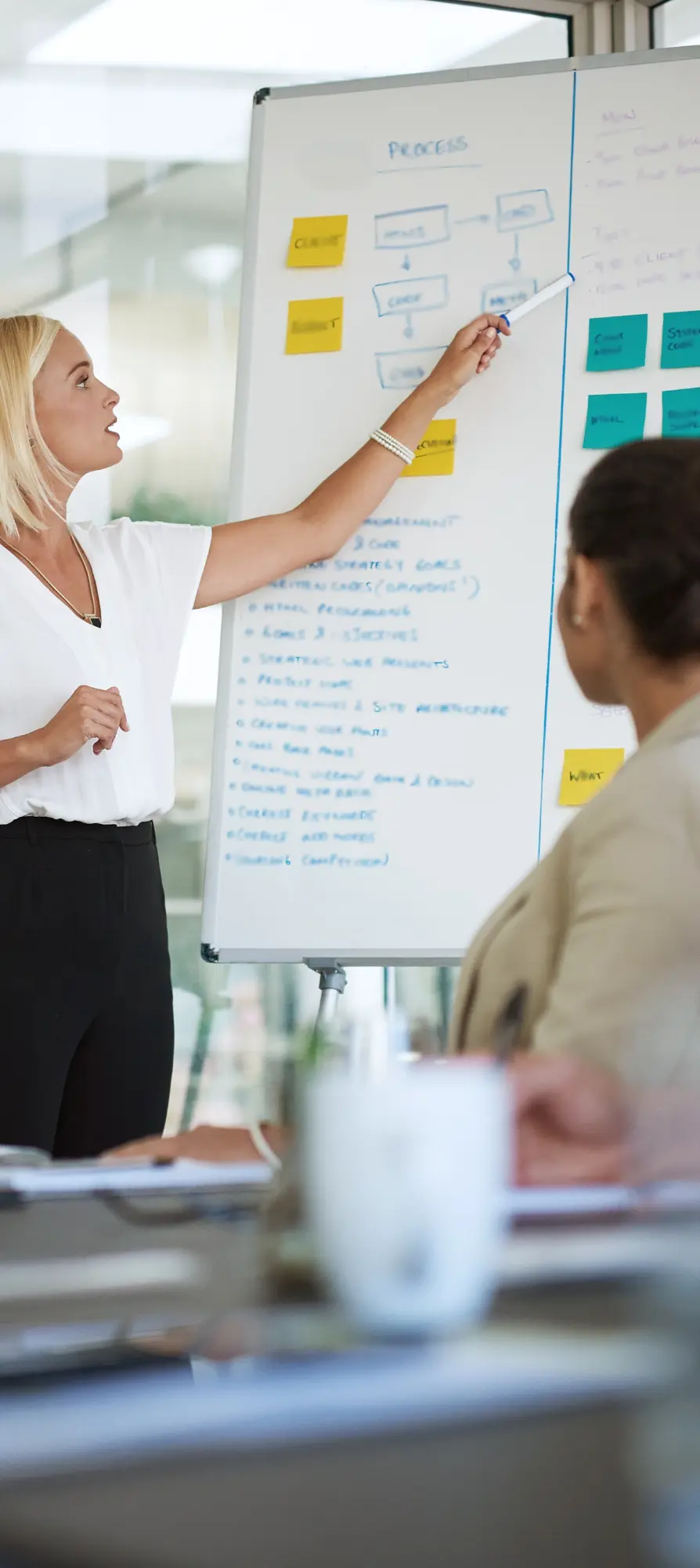 woman-showing-hierarchy-of-fasb-to-team Woman-at-white-board-discusses-GAAP-Principles