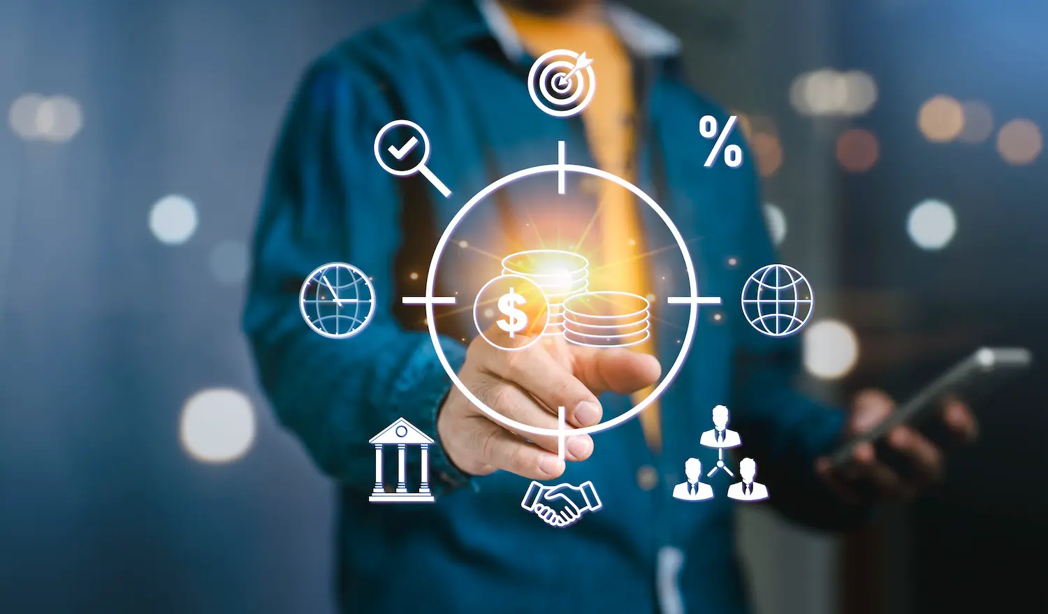 Image of a fractional CFO with icons overlayed that indicate cash savings and preservation